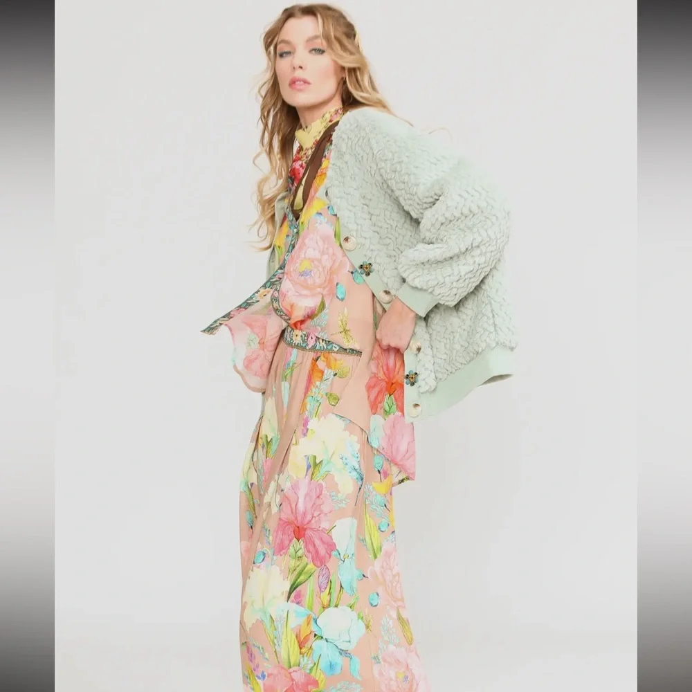 ARATTA Nellie Boho Luxe Mint Fur Jacket Satin Lined Crystal Buttons Boutique - Picture 7 of 16
